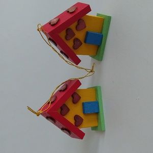 Vintage Ulbricht Wood House Chalet Hearts Christmas Ornaments Lot of 2